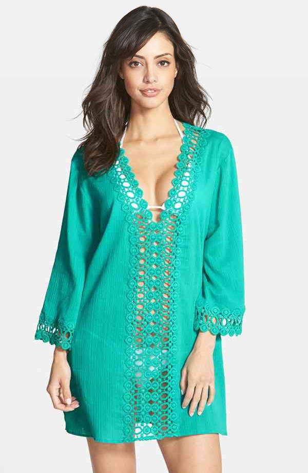 F4385-2Turquoise Long Sleeves Deep V-neck Crochet Trim Casual Cover-up